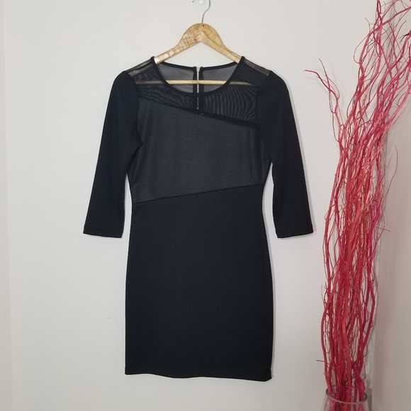 Vero Moda Black Sheath Classic Black Dress Sheer Neckline 3/4 Sleeves Size XS - Picture 1 of 8